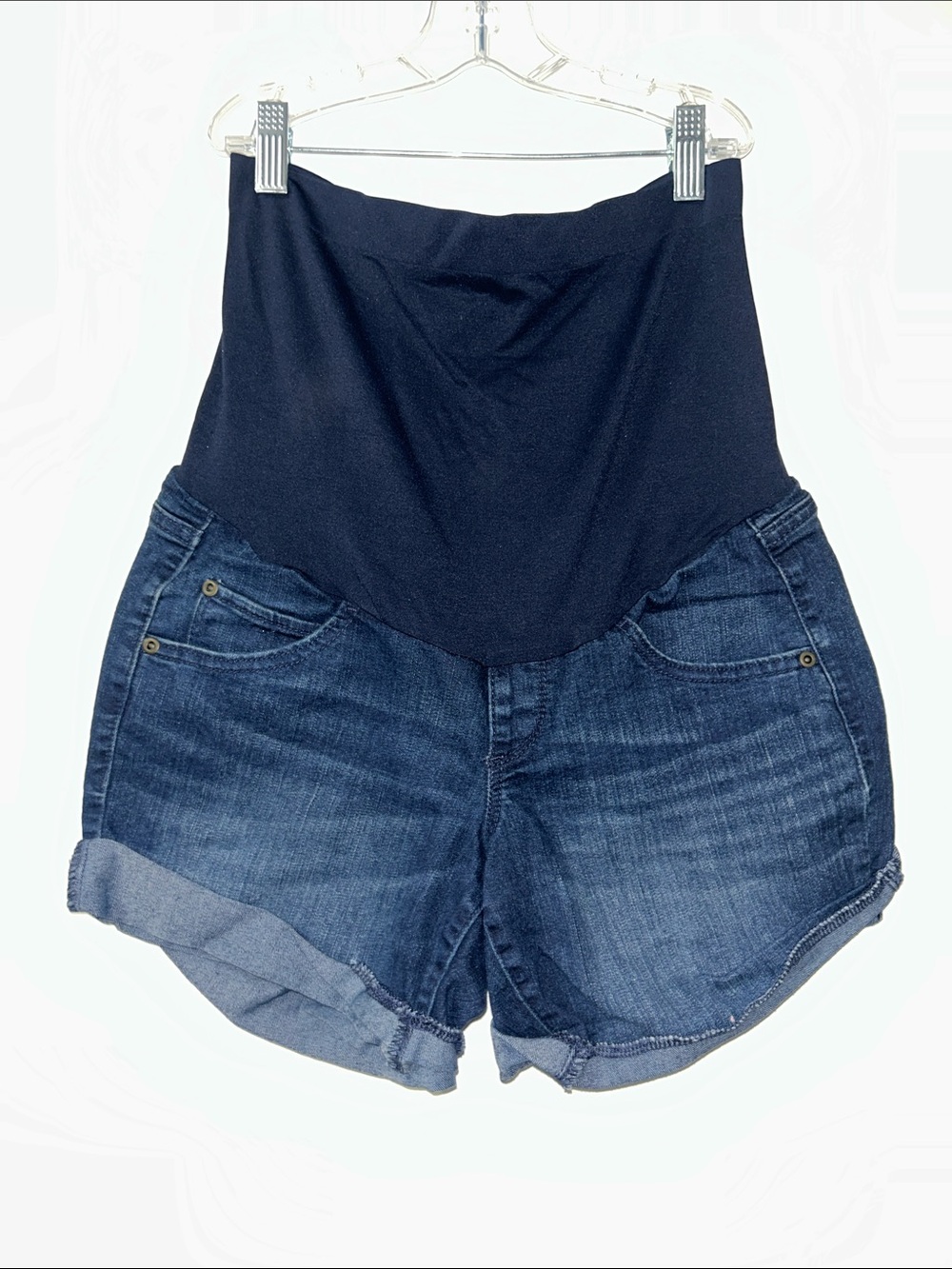 a:glow Black Panel Navy Denim High-Waist Maternity Shorts
